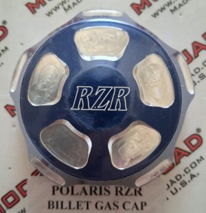 POLARIS RZR 800, 900, 1000, TURBO BILLET ALUMINUM GAS TANK CAP, BLUE WITH POLISHED POCKETS
