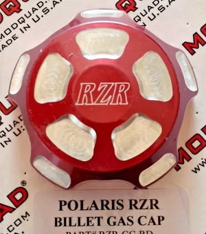 POLARIS RZR 800, 900, 1000, TURBO BILLET ALUMINUM GAS TANK CAP, RED WITH POLISHED POCKETS